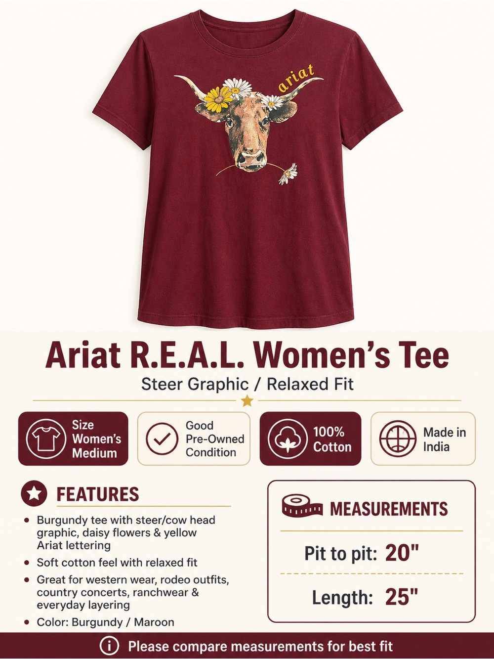 Ariat R.E.A.L. Daisy Steer Graphic Tee Women’s Medium Burgundy Western Cowgirl